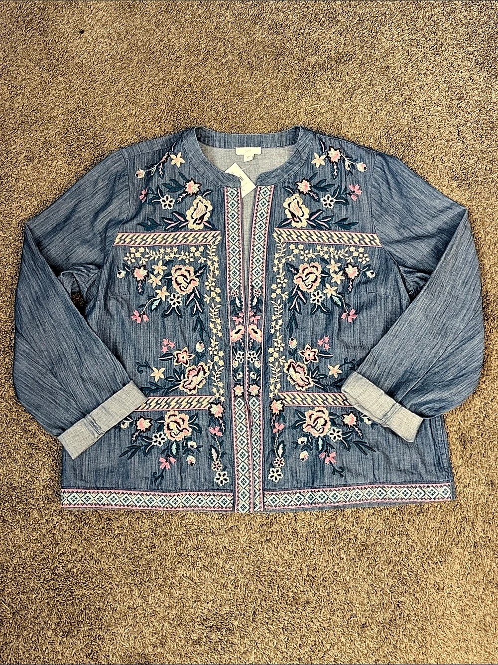 J. Jill Floral Embroidered Chambray Open-Front Jacket Blue & Pink Large
